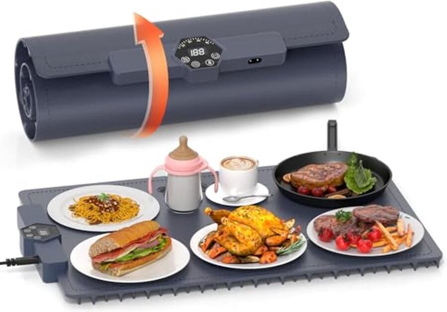 Elektrische Warmhoudplaat met 5 Instelbare Temperaturen en Timer Opvouwbare Siliconen Buffetwarmer voor Familie