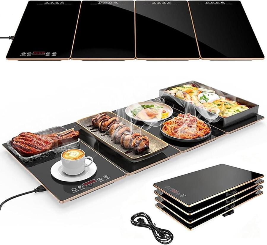 Elektrische warmhoudplaat met 8-niveau temperatuur & timer uitschuifbare 88 cm voedselwarmhoudmat draagbare 4-in-1 modulaire verwarmde plaat voor feesten & catering gouden rand