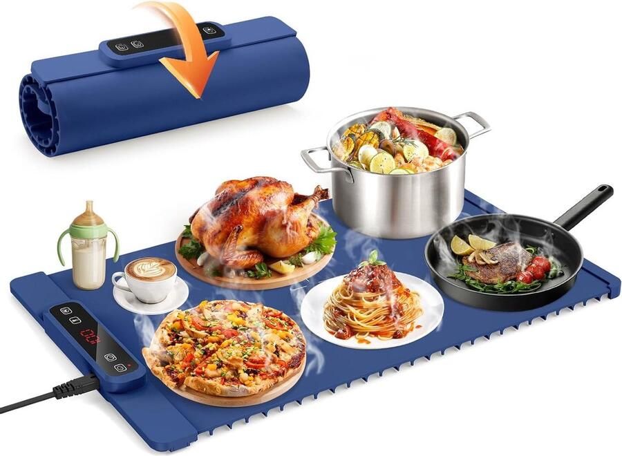 Elektrische warmhoudplaat Opvouwbaar serveerblad Eten warm houden Met timer en standen 1.00 Stuks Saffierblauw
