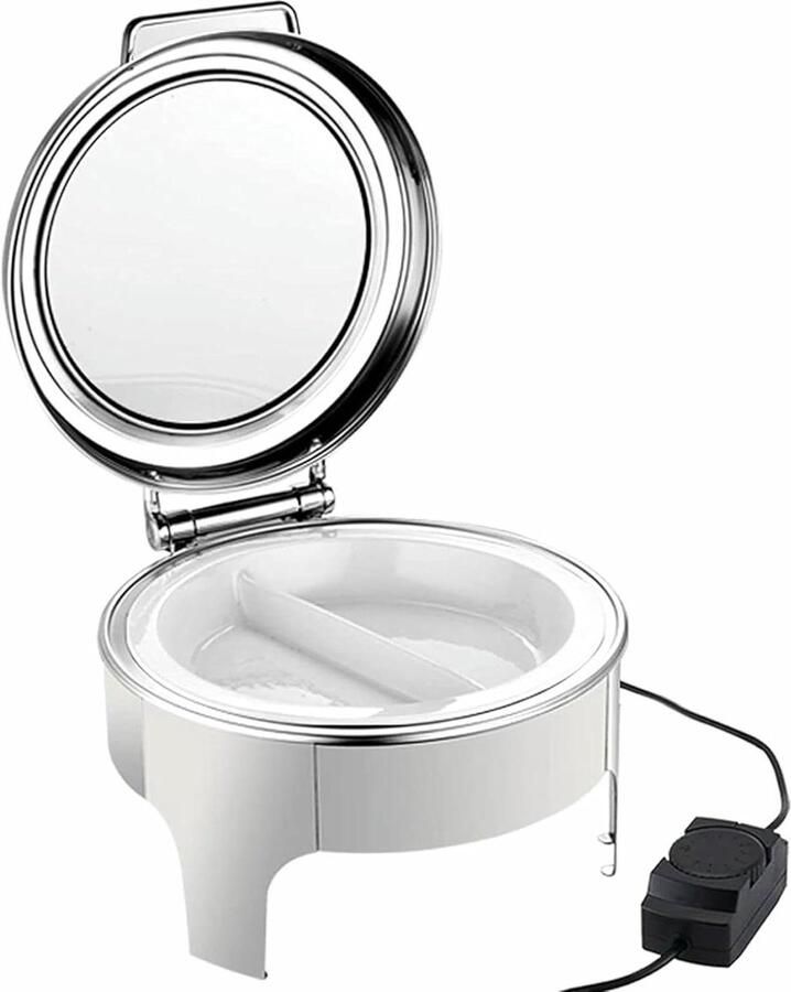 Elektrische Warmhoudplaat Ronde Buffetpan Buffetten Warm Houden Hydraulisch Glasdeksel 6 Liter Inhoud Zilver