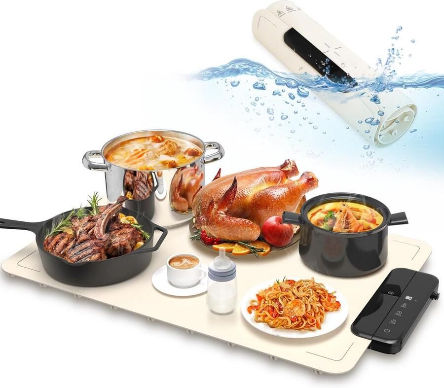 Elektrische Warmhoudplaat Siliconen 6 Warmtestanden (40-100°C) Timer & Kinderbeveiliging Draagbare Warmtemat voor Buffet en Keuken