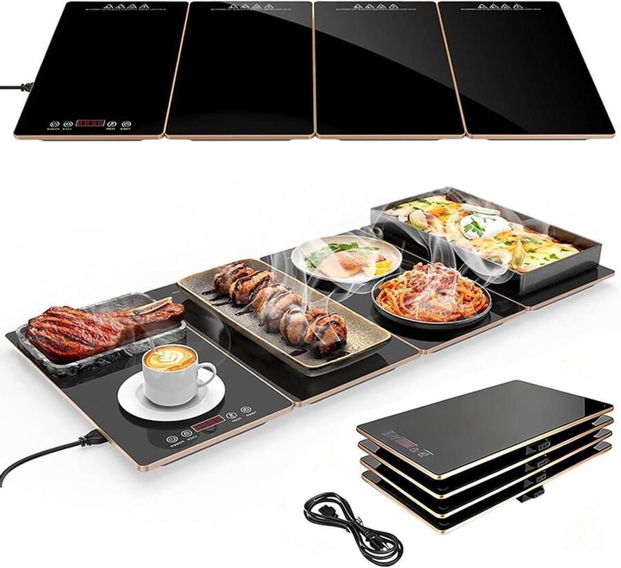 Elektrische Warmhoudplaat Verwarmende Tray Maaltijden Warm Houden Modulair Uitbreidbaar 88 cm Zwart met Gouden Rand