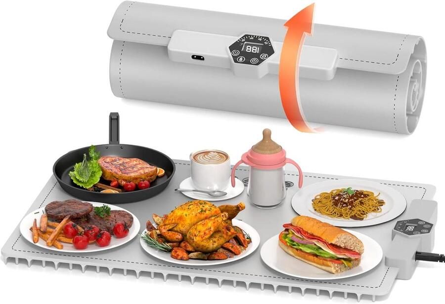 Elektrische Warmhoudplaat Voedselverwarmer Eten Warm Houden Opvouwbaar Ontwerp 40 cm Pakket Grijs