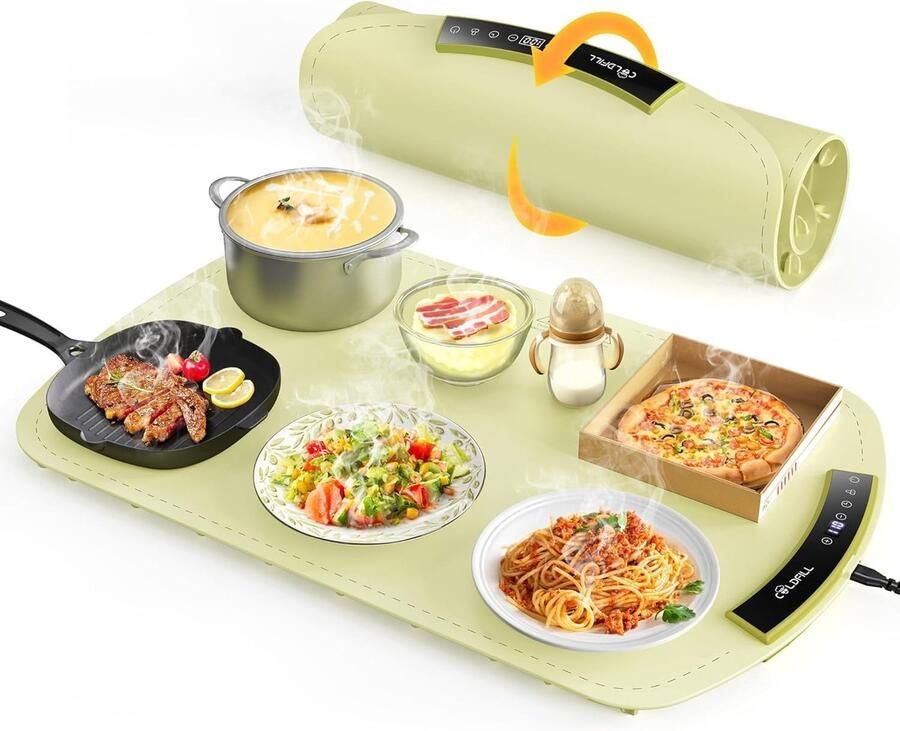 Elektrische-Warmhoudplaat -Voedselverwarmer -nano siliconenmateriaal -Opvouwbaar -Draagbaar -Instelbare -Verwarmend -Oppervlak met 6 temperatuurinstellingen -240W -65x38cm-Beige