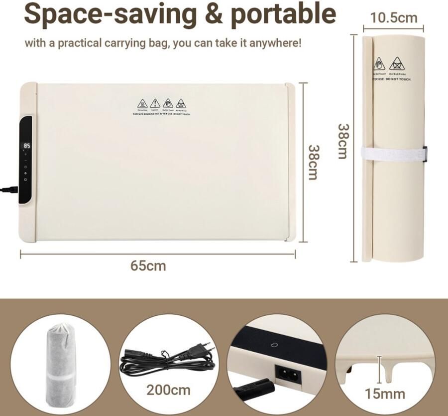 Elektrische- Warmhoudplaat -Voedselverwarmer Siliconen Opvouwbaar Draagbaar Instelbare Temperatuur Volledig Verwarmend Oppervlak- 240W -65x38cm-Beige