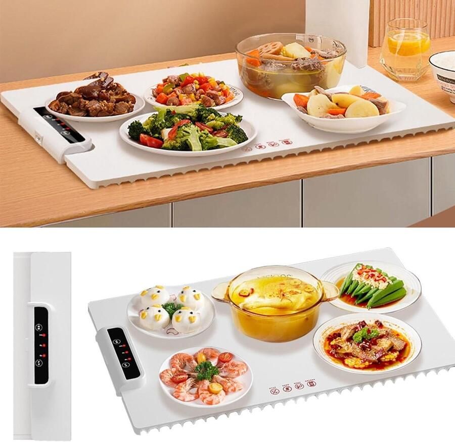Elektrische Warmhoudplaat Voedselwarmer Tafel Eten Warm Houden Opvouwbaar Siliconen Ontwerp 61x38 cm Wit