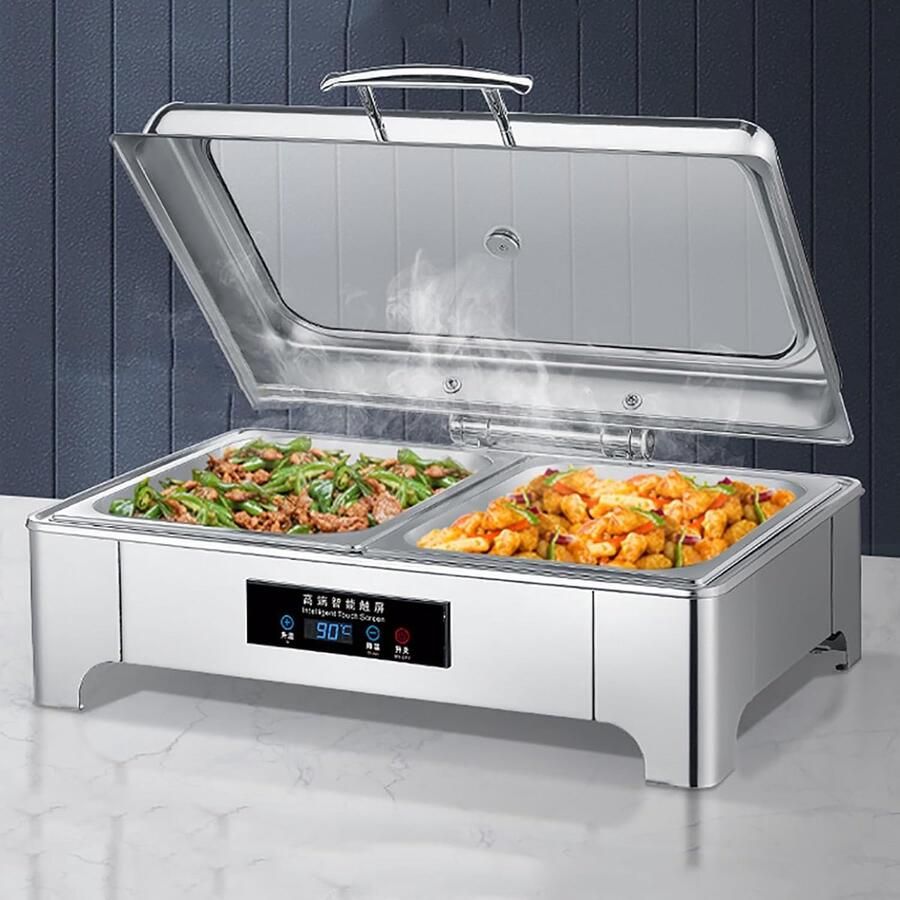 Elektrische warmhoudset Buffetwarmer chafing dish Eten warm houden Instelbare temperatuur 8 liter inhoud Zilverkleurig