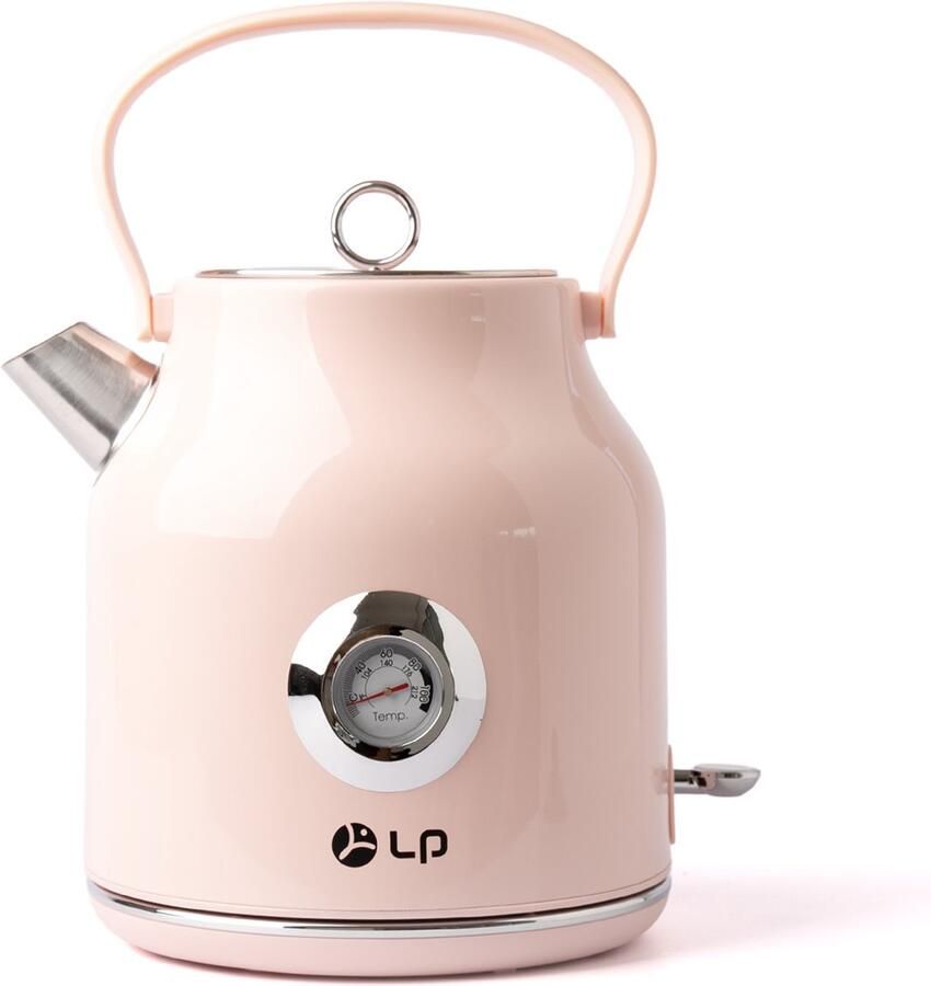 Elektrische Waterkoker 1 7L Retro Design Roze RVS Waterkoker met Temperatuurmeter Klassieke Theeketel Automatische Uitschakeling 360° Draaibare Basis Voor Thee en Koffie
