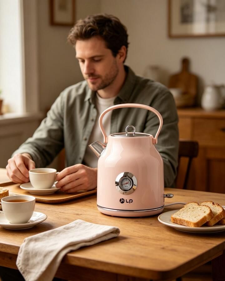 Elektrische Waterkoker 1 7L Retro Design Roze RVS Waterkoker met Temperatuurmeter Klassieke Theeketel Automatische Uitschakeling 360° Draaibare Basis Voor Thee en Koffie