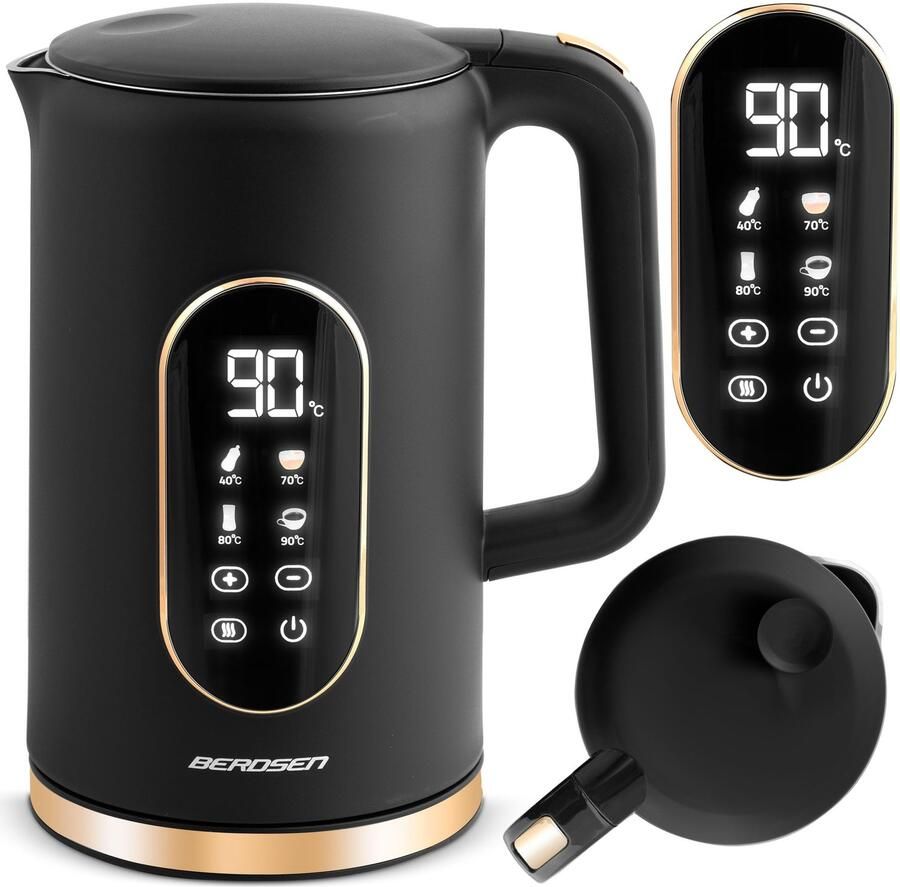 Elektrische Waterkoker 1.7 Liter met Temperatuurregeling Digitale LED Display Zwart Goud