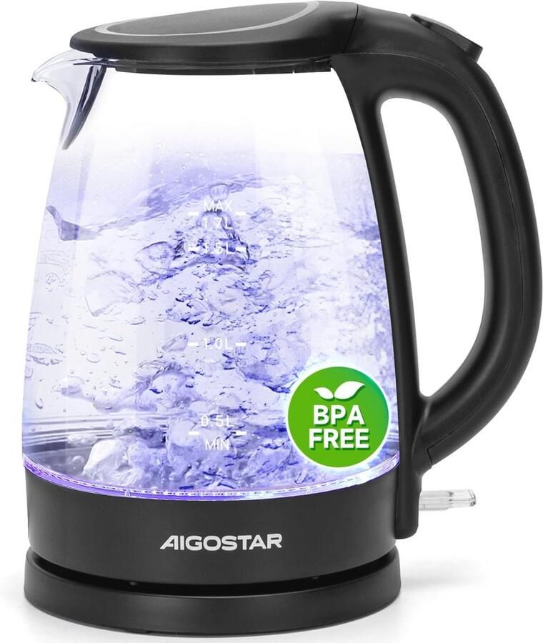 Elektrische Waterkoker 1.7 Liter van Borosilicaatglas met LED Verlichting BPA-Vrij en 2200W 360º Basis en Anti-Kalkaanslagfilter