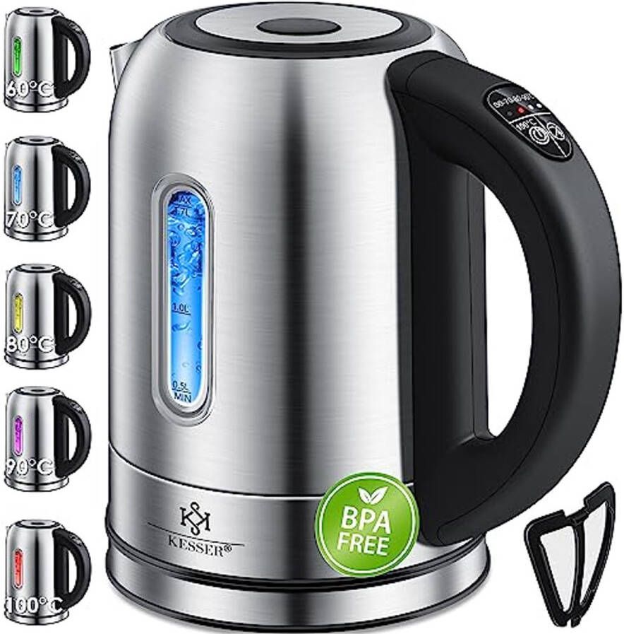 Elektrische Waterkoker 2200 W RVS 1 7 L met LED Temperatuurinstelling en Warmhoudfunctie