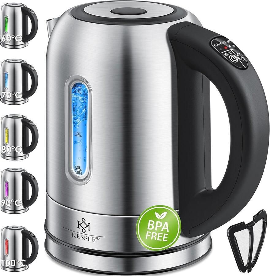 Elektrische Waterkoker 2200 W RVS 1 7 L met LED Temperatuurinstelling en Warmhoudfunctie