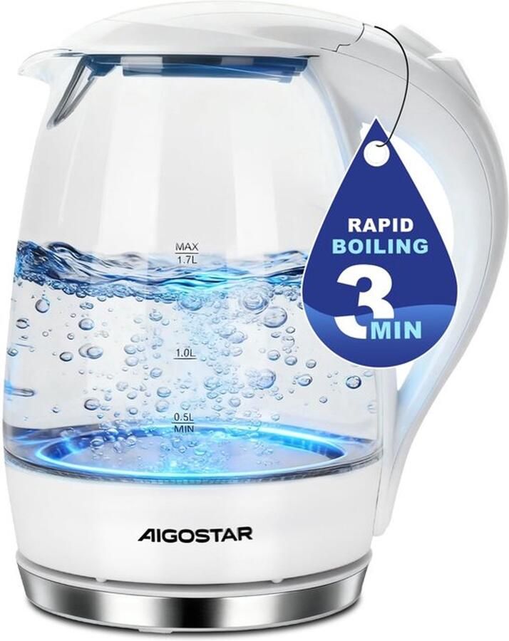 Elektrische Waterkoker Borosilicaatglas met LED-verlichting 1 7 liter BPA-vrij 2200 W 360º basis Antikalkfilter Dubbel Veiligheidssysteem Exclusief Ontwerp