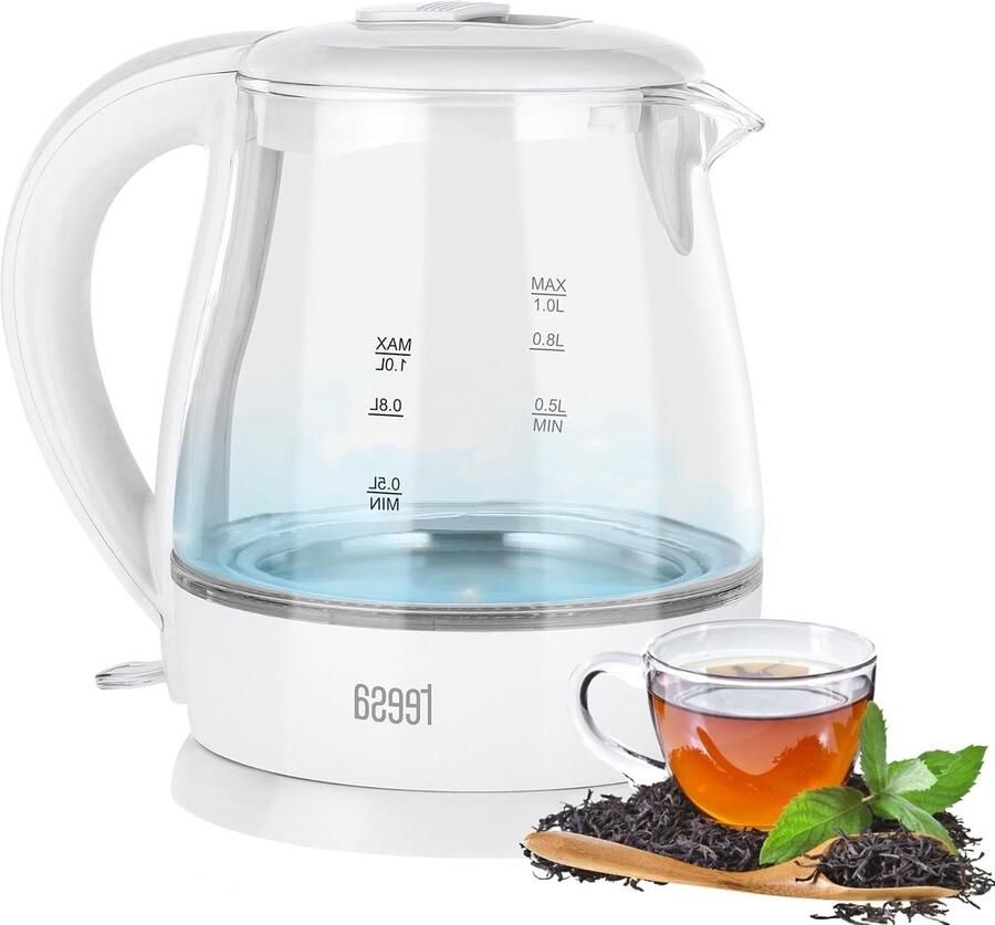 Elektrische Waterkoker Draadloze Ketel Snel Water Koken Borosilicaatglas Behuizing 1 Liter Wit