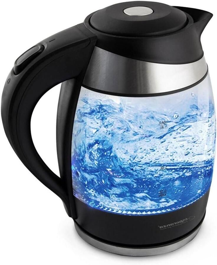Elektrische waterkoker Glaaskoker Snel water koken Blauwe LED gloed 18 liter Zwart zilver