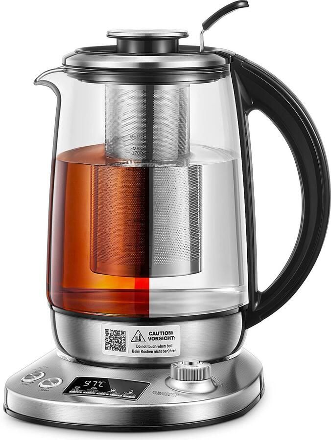 Elektrische Waterkoker Glas 2200 W Vermogen 1 7 Liter Inhoud Borosilicaatglas En Roestvrij Staal Temperatuurregeling Theeketel