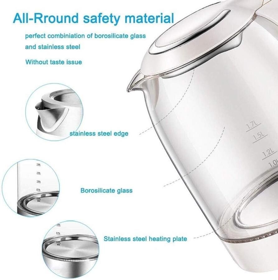 Elektrische Waterkoker Grote Ketel Snel Water Koken Gezond Glas Materiaal 1.8 Liter Zilver