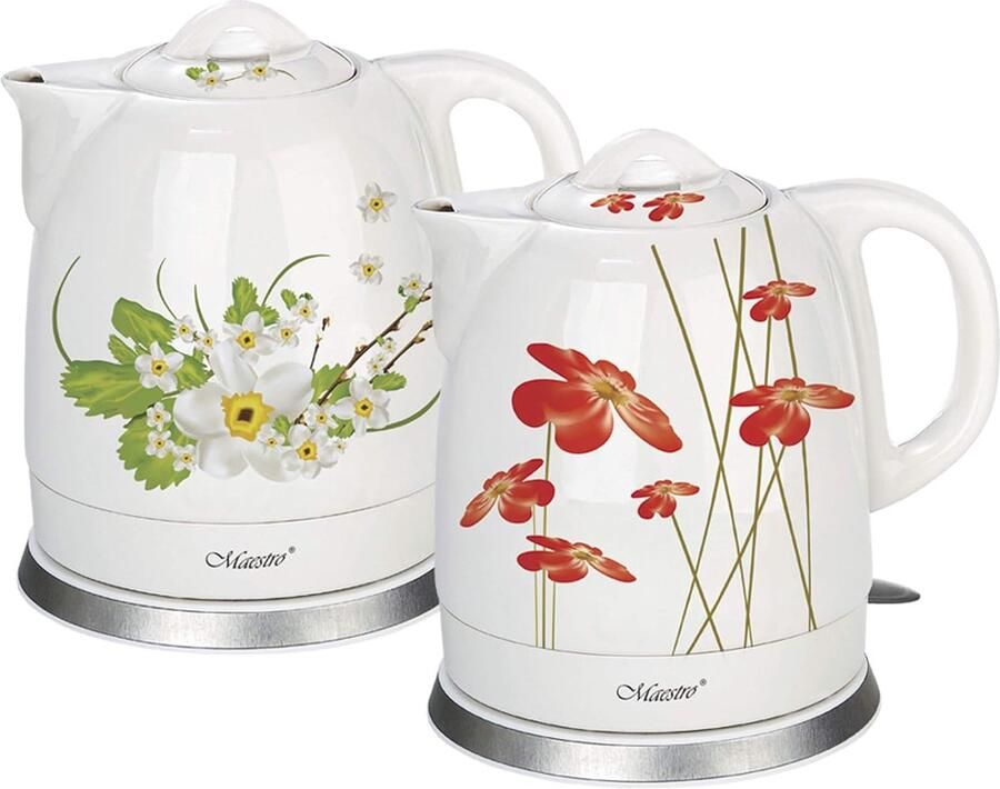 Elektrische Waterkoker Keramische Ketel Snel Water Koken Bloemenmotief Design 15 Liter Wit Rood