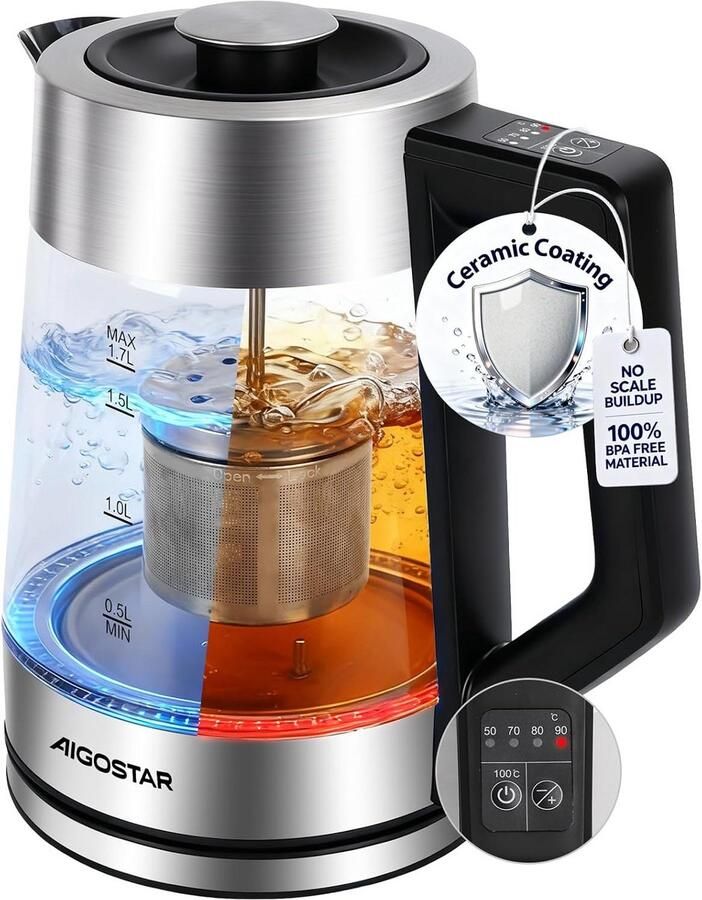 Elektrische Waterkoker met Temperatuurregeling en Warmhoudfunctie 1.7L Glas en RVS