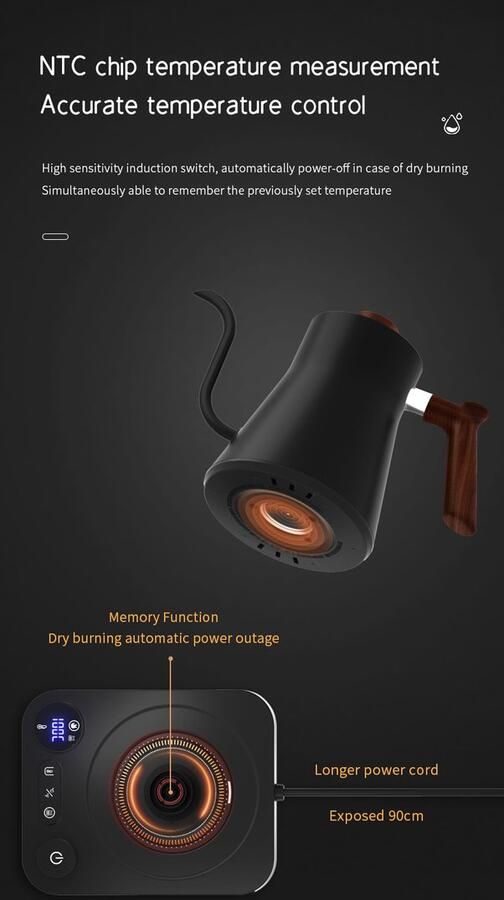 Elektrische waterkoker met zwanenhals van roestvrij staal nauwkeurige temperatuurregeling ultrastille werking automatische uitschakeling geschikt voor koffie en thee instelbare temperatuur zwart