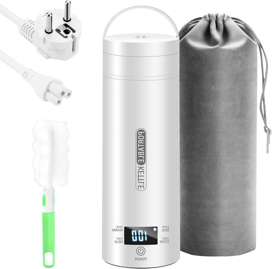Reis Waterkoker Mini Waterkoker Draagbaar Warme Drankjes Maken Temperatuurregeling 4 standen 500 ml Zilver