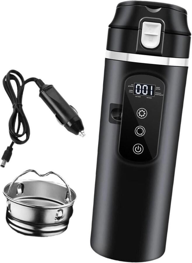 Elektrische Waterkoker Reisbeker Verwarmer Warme Drank Onderweg Universeel 12V 24V 500 ml Capaciteit Zwart