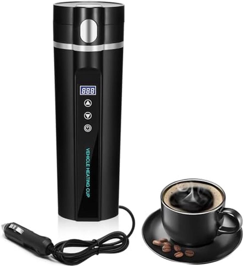 Elektrische Waterkoker Reisbeker Verwarming Warme Dranken Onderweg LCD Temperatuurweergave 450ml Zwart