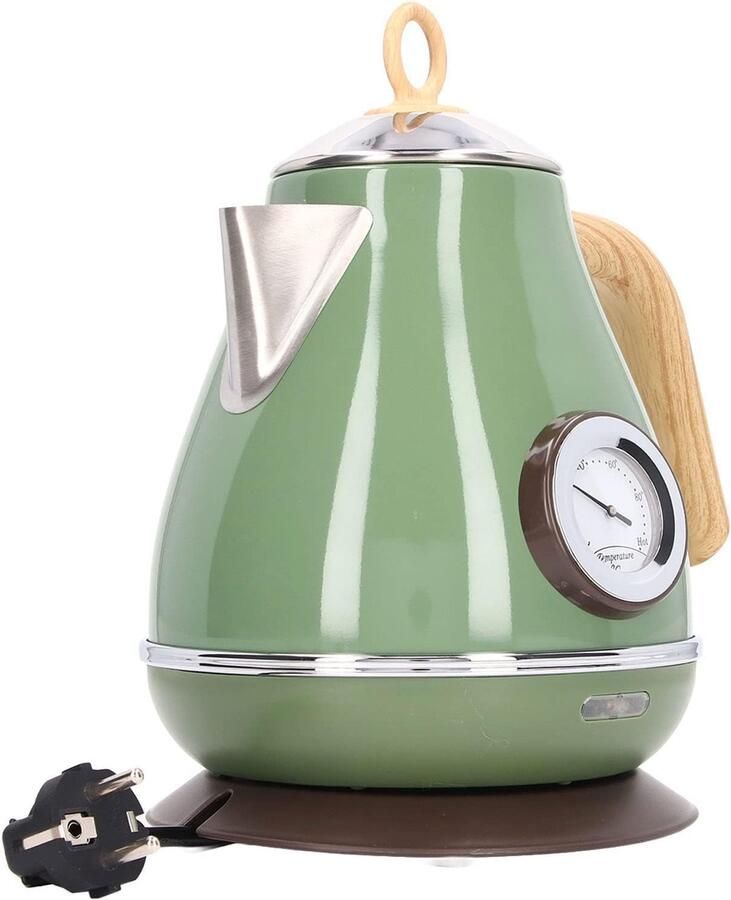 Elektrische waterkoker retro met houtnerf thermometer met snelkookbescherming 1 7 liter EU-stekker met 360 graden basis (GREEN)