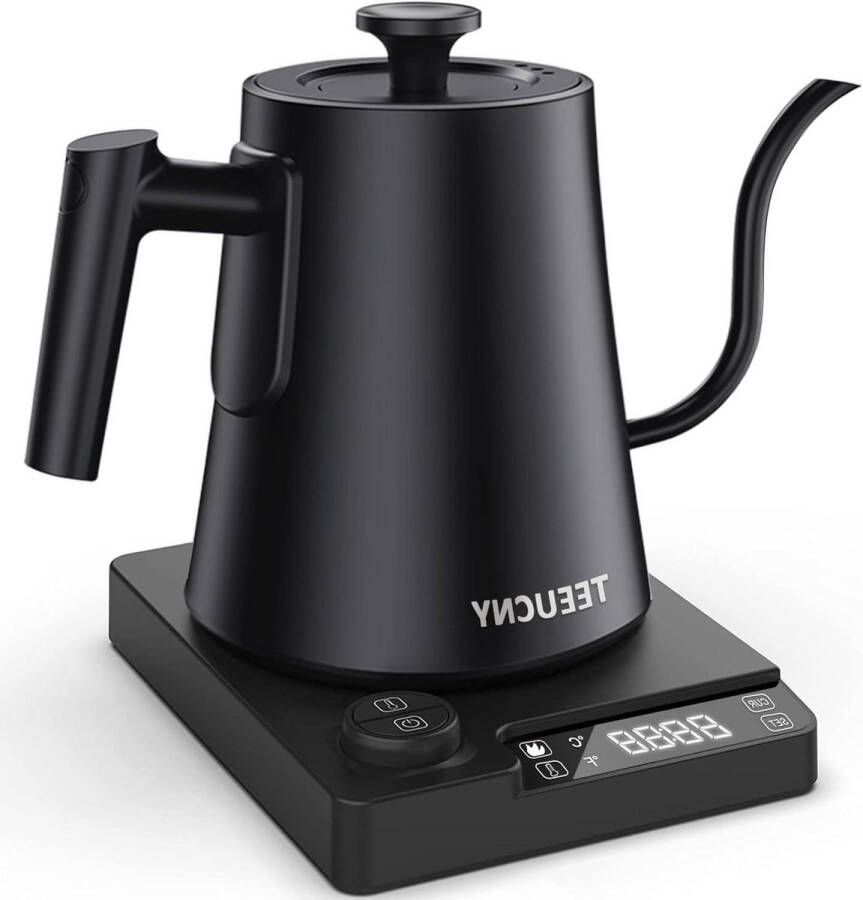 Elektrische waterkoker roestvrijstalen zwanenhals met temperatuurinstelling warmhoudfunctie en led-display voor koffie en thee zwart 1L 1200W