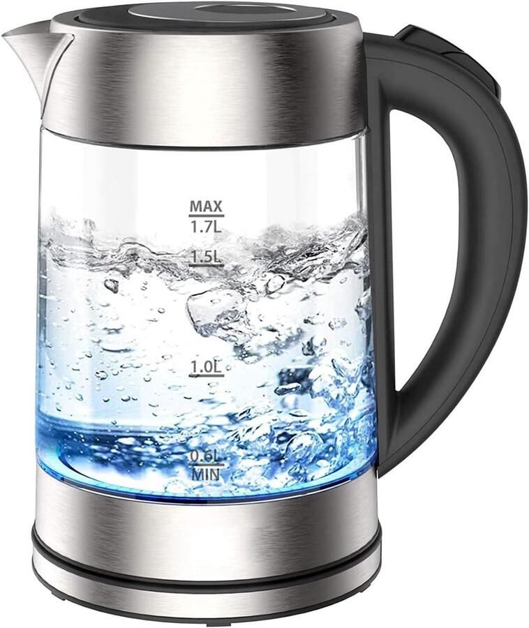 Elektrische Waterkoker Snelkokende Ketel Thee en Koffie Borosilicaat Glas 17 Liter Zilver
