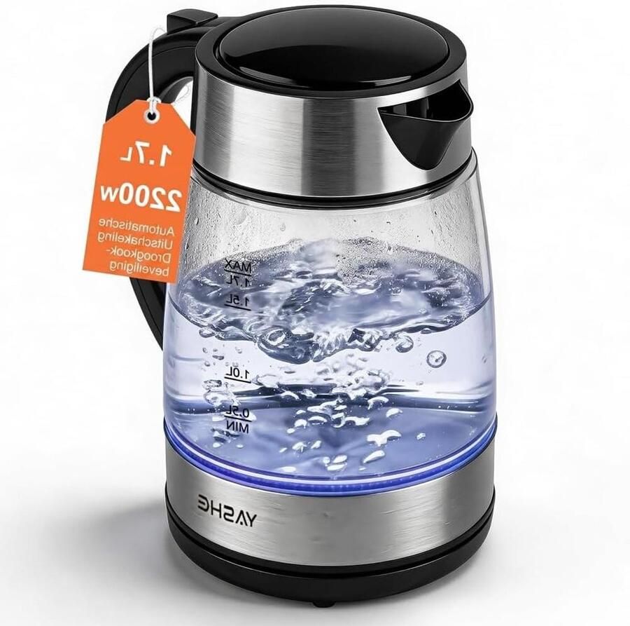 Elektrische Waterkoker Snelkoker Glas Snel Water Koken Blauwe LED Verlichting 17 Liter Grijs