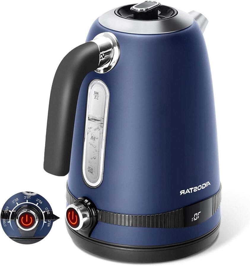 Elektrische Waterkoker Temperatuurregelaar Thee Zetten Roestvrijstalen Binnenkant 17 Liter Donkerblauw