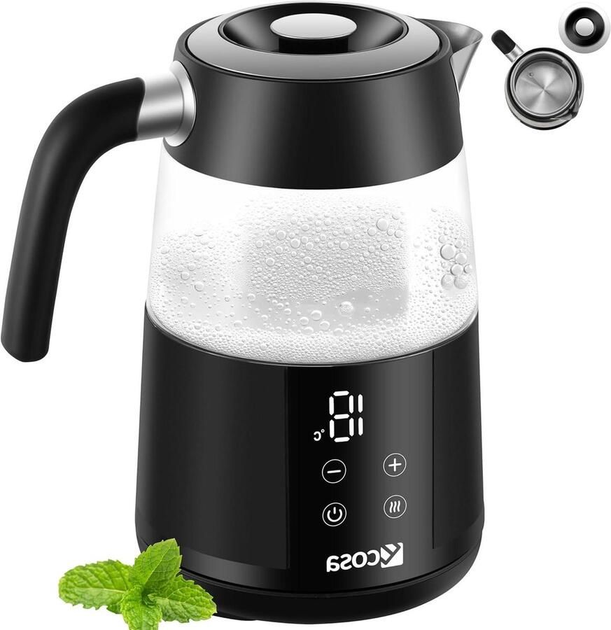 Elektrische Waterkoker Temperatuurregeling Glas Thee Koffie Zetten 13 Temperatuurstanden 17 Liter Zwart
