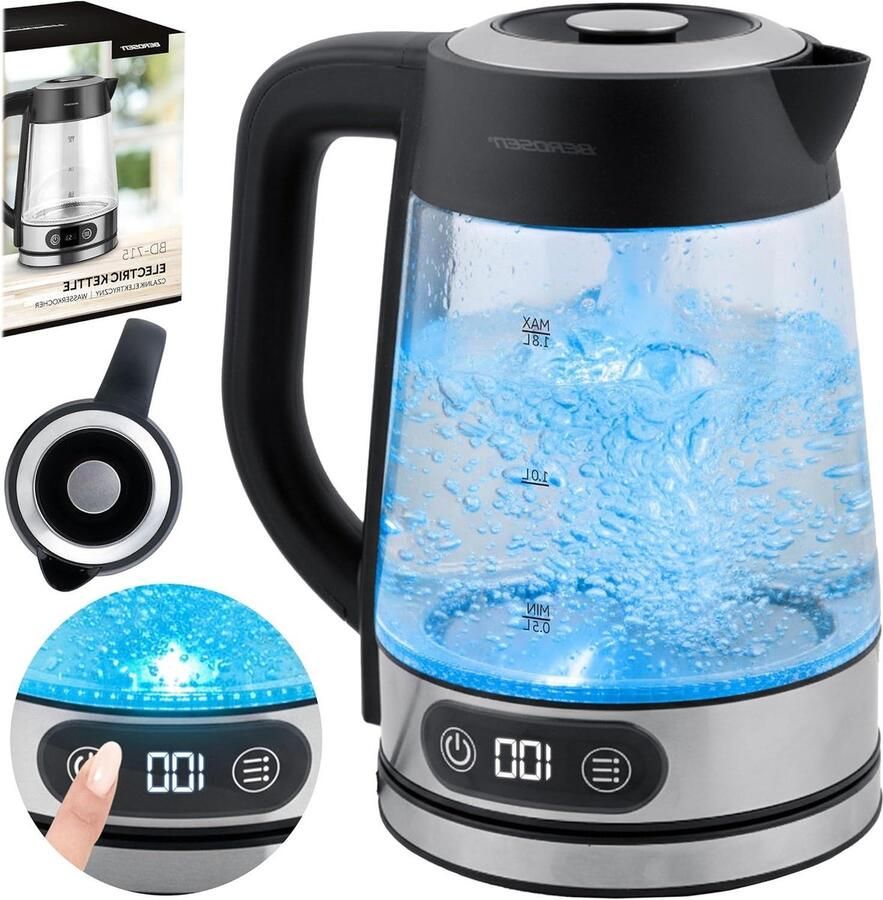 Elektrische Waterkoker Thee Ketel Glazen Ketel Dranken Bereiden Temperatuurregeling 40-100°C 18 liter Zilver Zwart
