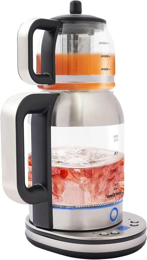 Elektrische Waterkoker Theemaker Dubbel Water Verwarmen Dubbele Capaciteit 2 L + 1 L Zwart zilver transparant
