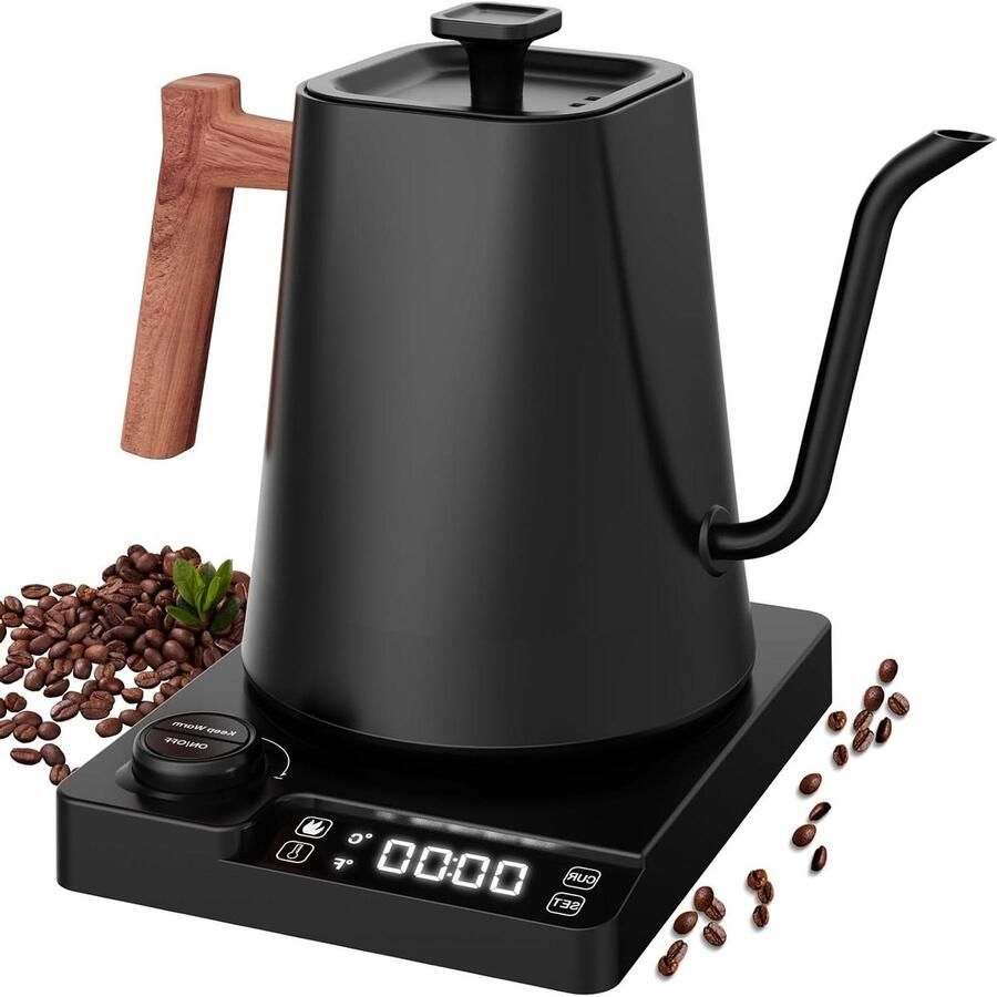 Elektrische Waterkoker Theepot Koffie en Thee Temperatuurregeling 1 Liter Houtkleur Zwart