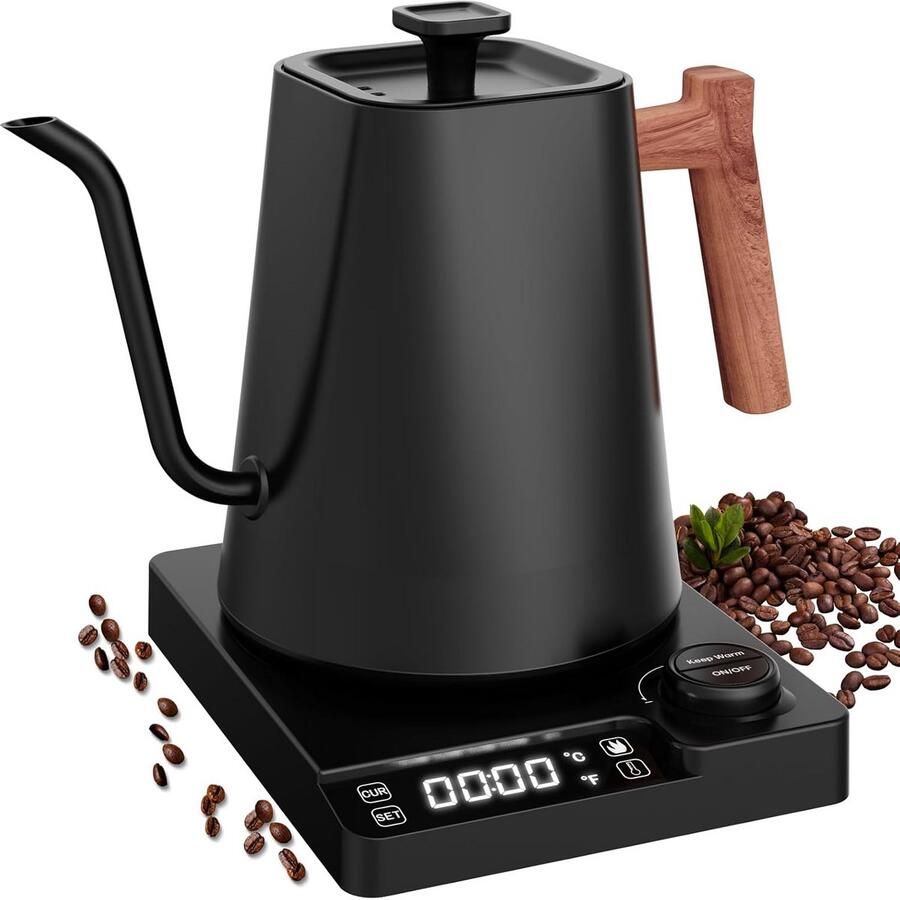 Elektrische Waterkoker Theepot Koffie Zetten Precisie Gieten 1 Liter Zwart Houtkleur