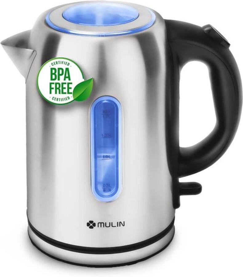 Elektrische waterkoker van roestvrij staal 1 7 l 2200 W snelkoken 360° draaibare sokkel automatische uitschakeling kalkfilter BPA-vrij waterindicator ideaal voor thee en koffie