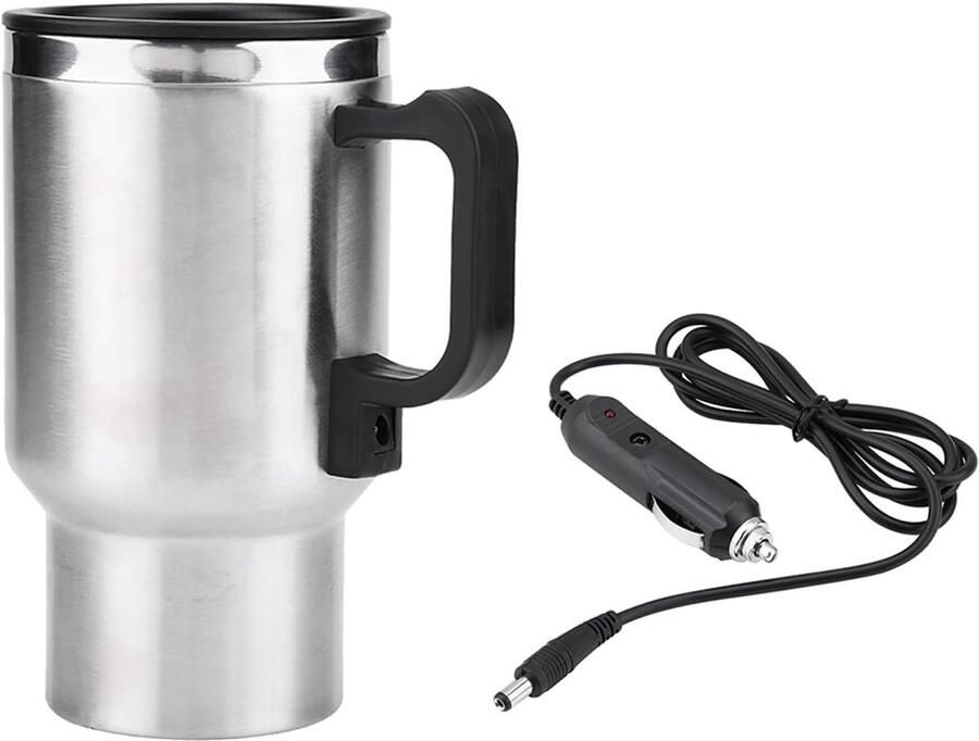 Elektrische Waterkoker Verwarmde Mok Onderweg Drinken 12V Aansluiting 450 Ml Zilver Zwart
