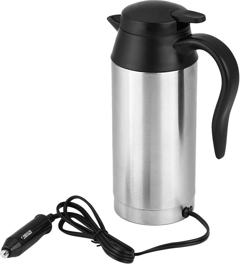 Elektrische Waterkoker voor Auto Zilver en Zwart 750 ml Roestvrijstalen Reiswaterkoker met 12V Aansluiting Voor Thee en Koffie