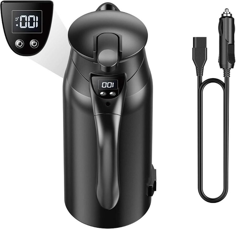 Elektrische waterkoker voor in de auto Draagbare elektrische waterkoker Thermoskan voor in de auto Reiswaterkoker 12V 24V elektrische waterkoker Ideaal voor reizen en kamperen Zwart