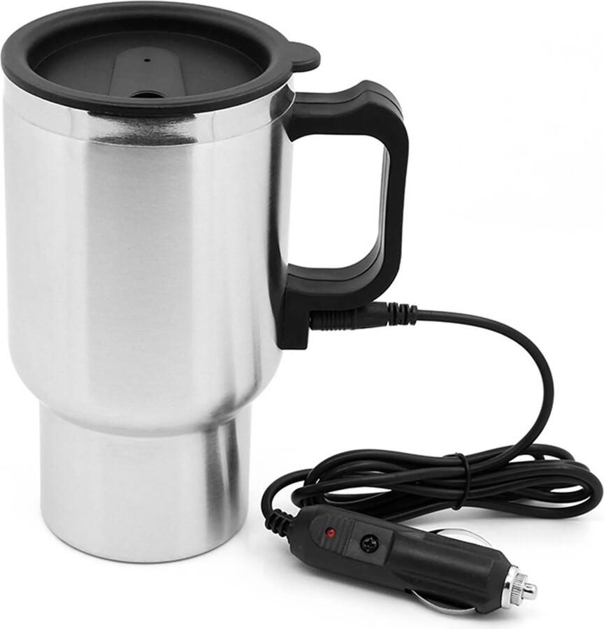 Elektrische waterkoker voor in de auto – gemaakt van roestvrij staal met een 12V-aansluiting voor de sigarettenaansteker in de auto kan water thee koffie en melk verwarmen en is voorzien van een indicatielampje