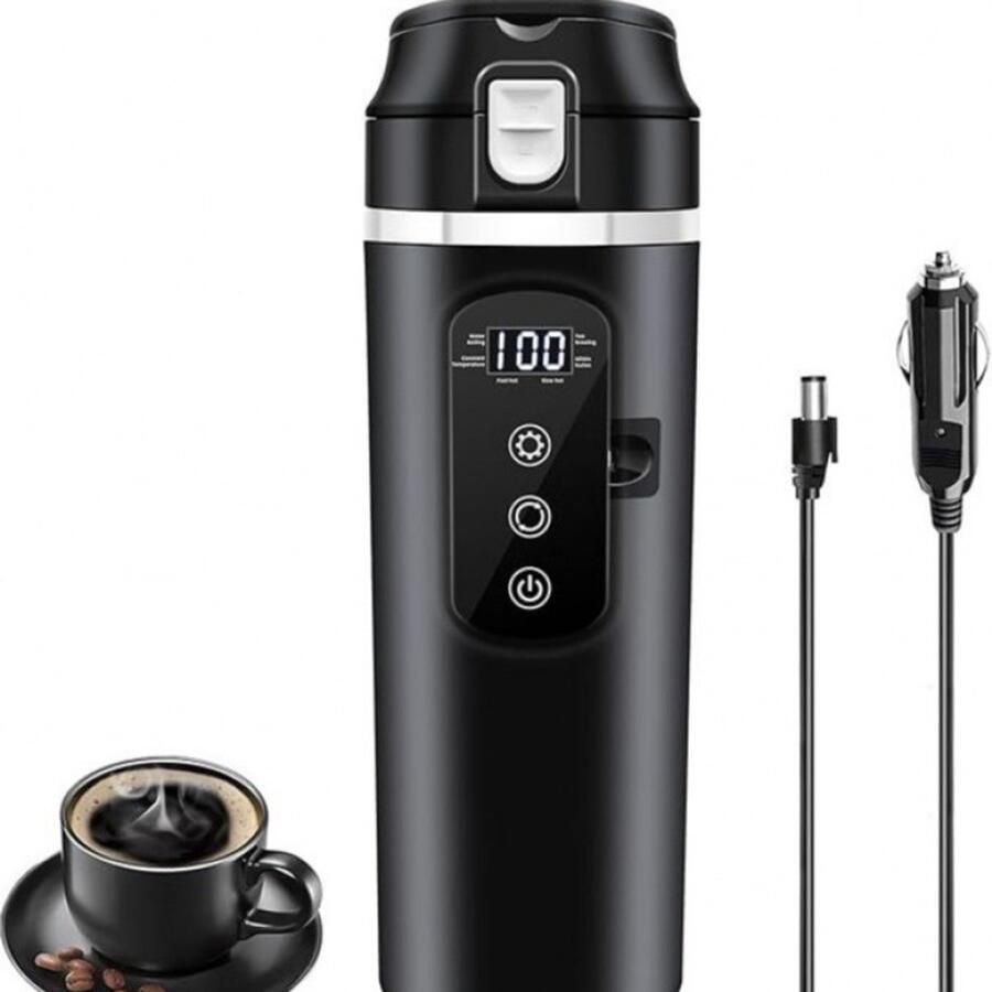 Elektrische waterkoker voor in de auto Reiswaterkoker 500 ml 12V 24V aansluiting Roestvrij staal Met display Instelbare temperatuur Automatische uitschakeling Lekvrij ontwerp Temperatuurweergave Geschikt voor kleine auto's Zwart