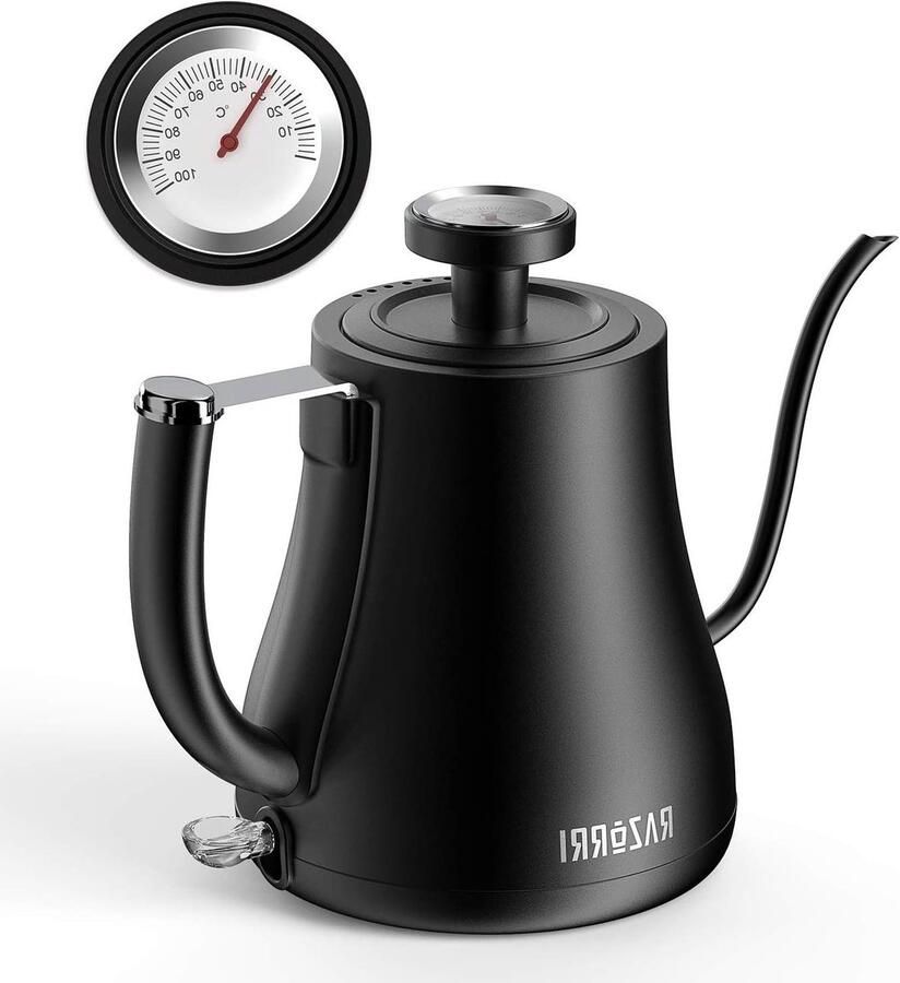 Elektrische Waterkoker Zwanenhals Ketel Koffie en Thee Ingebouwde Thermometer 0.7 Liter Zwart