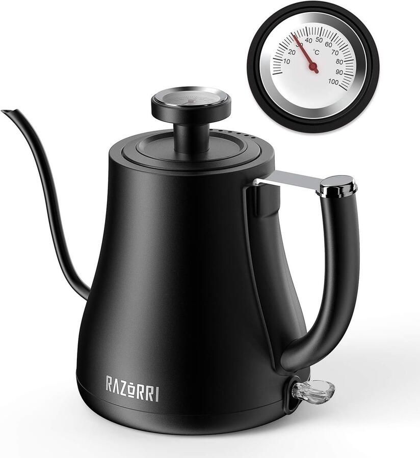 Elektrische waterkoker Zwanenhals ketel Koffie zetten Ingebouwde thermometer 0.7 liter Zwart