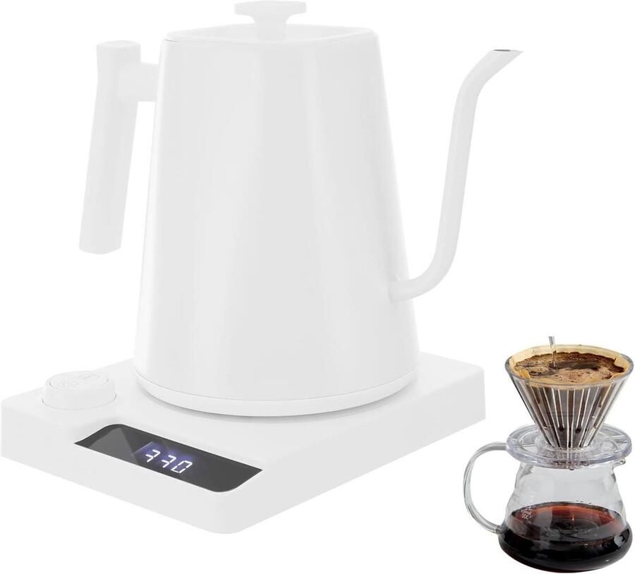 Elektrische waterkoker Zwanenhalsketel Koffie en thee zetten Temperatuurinstelling 1 liter Wit