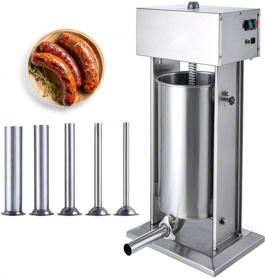 Elektrische worstenvuller Verticale vleesvuller Capaciteit 25 L (25 kg) Motor 400 W Traploze Snelheidsregeling Voetpedaal RVS 304 Voedselveilig Set van 5 Vulbuizen