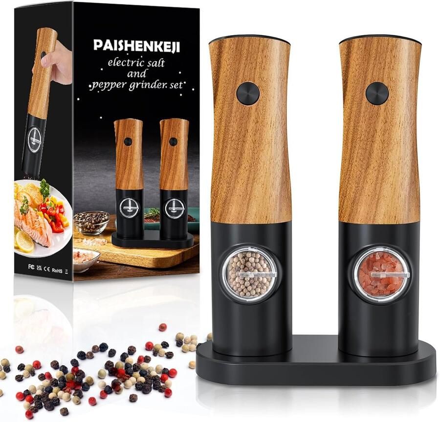 Elektrische zout- en pepermolen Elektrische peper- en zoutmolen met instelbare grofheid Zoutmolen Pepermolen Automatische Switch Spices Shaker voor vaste kruiden Set van 2 (Bruin)