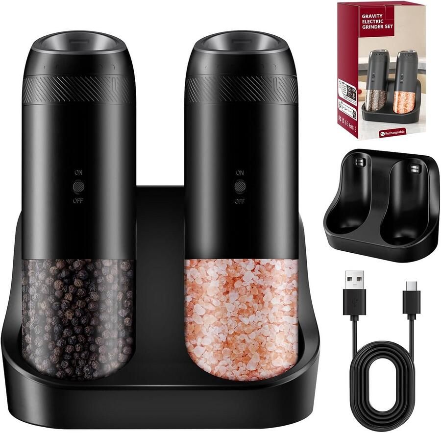 Elektrische Zout- en Pepermolen Set (2 stuks) USB Oplaadbaar met LED en Verstelbare Maalgraad